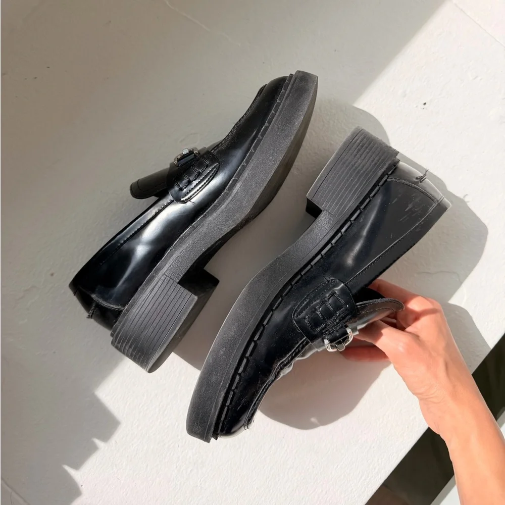 Zara Black Leather Loafers with Silver Hardware - Picture 2 of 3